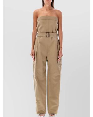 Saint Laurent Cotton Strapless Belted Straight-Leg Jumpsuit - Natural