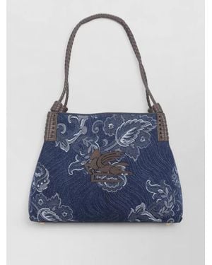 Etro Rose Pattern Cotton Leather Shoulder Bag - Blue