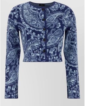 Etro Cropped Knit Cardigan Paisley Motif - Blue