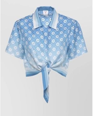 CASABLANCA Silk Shirt Tie Front Monogram Pattern - Blue