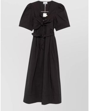 Ganni Organic Cotton Midi Dress Puff Sleeves Bow - Black