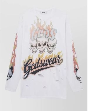 Gcds Skull Flame Long Sleeve Graphic T Shirt - White