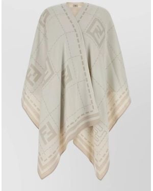 Fendi Wool Cape Open Front Fringe Geometric - Natural