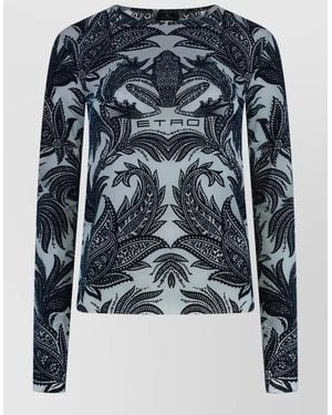 Etro Tulle Top Velvet Print Floral Motif - Blue