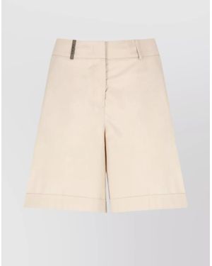 Peserico High Waist Cotton Shorts With Leather Detail - Natural