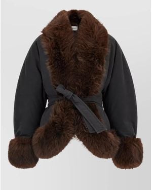 ANDAMANE Belted Faux Fur Trim Shawl Collar Jacket - Brown