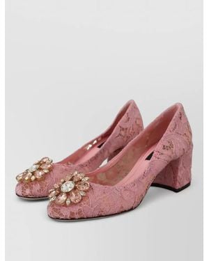 Dolce & Gabbana Lace Crystal Embellished Mid Heel Pumps - Pink