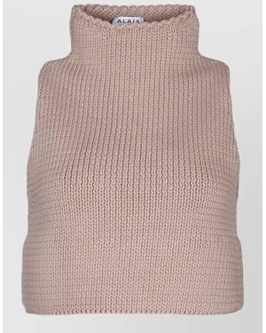 Alaïa High Neck Sleeveless Ribbed Knit Top - Pink