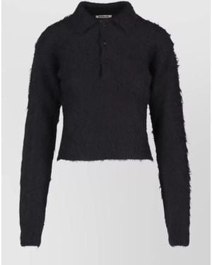 AURALEE Collared Crewneck Top Fuzzy Texture Long Sleeves - Blue
