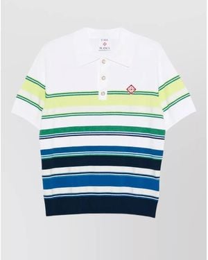 CASABLANCA Striped Shirt Polo Collar Short Sleeves - Blue
