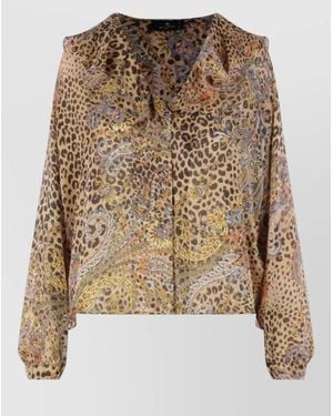 Etro Silk Shirt Long Sleeves Paisley Ruffles Animal - Metallic