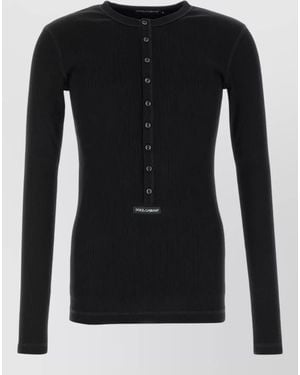 Dolce & Gabbana Ribbed Slim-Fit Long-Sleeve Henley T-Shirt - Black