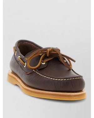 Timberland Leather Boat Shoes Contrast Stitching Rubber Sole - Brown