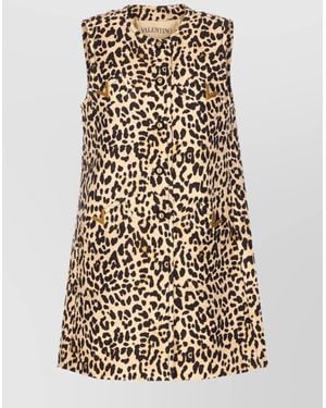 Valentino Garavani Animal Print Crewneck Midi Dress With Vlogo Pockets - Natural