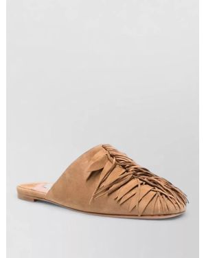 Aquazzura Maverick Mule Flat Sole Round Toe Fringe - Brown