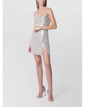 Self-Portrait Metallic Mini Dress Spaghetti Strap Slit - White