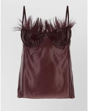 Ferragamo Feather Trim Satin Finish Spaghetti Straps Top - Purple