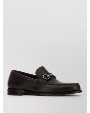 Ferragamo Teatro Leather Loafers Metal Buckle Round Toe - Black
