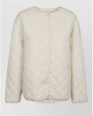 Sandbeige Nylon Quilted Jacket Mandarin Collar - White