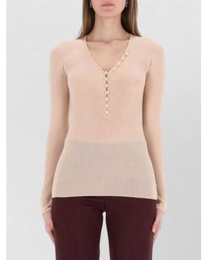 Chloé Rib Knit Top Buttons Fitted Long Sleeves - Natural