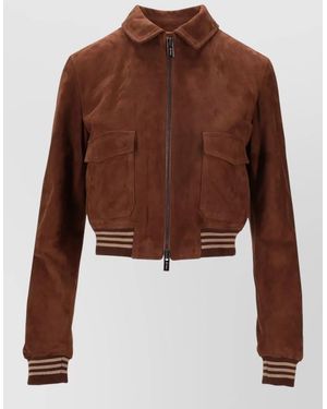 LA ROSE Suede Leather Jacket Collar Pockets Ribbed Trim - Brown