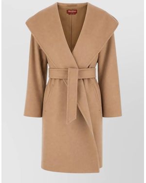 Max Mara Hooded Long Coat Belted Waist Pockets - Natural