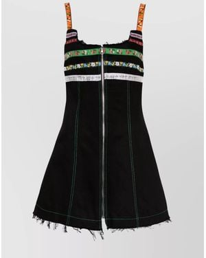 Cormio Denim Paneled Floral-Embroidered Sleeveless Mini Dress - Black