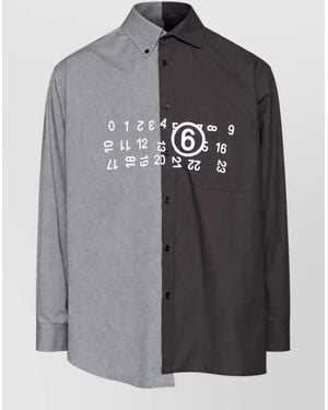 MM6 by Maison Margiela Logo Print Panelled Long Sleeve Cotton Shirt - Grey