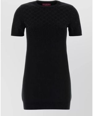 Gucci Embellished Wool-Blend Ribbed Short-Sleeve Mini Dress - Black
