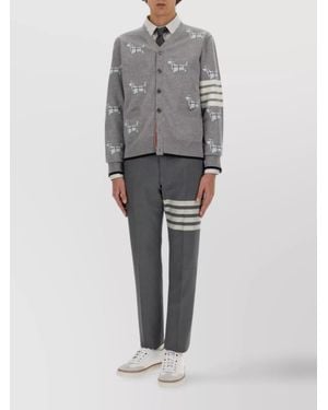 Thom Browne Embroidered Striped Wool Cardigan Pockets - Gray