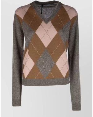 Prada V Neck Argyle Knit Top Long Sleeves - Multicolour
