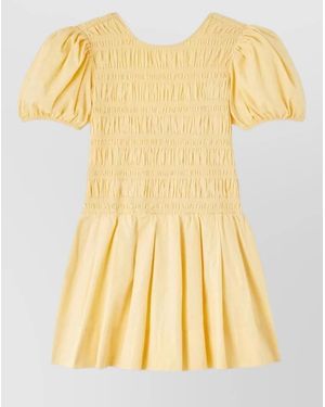 Ganni Organic Cotton Dress Puff Sleeves Pleated Skirt - Yellow