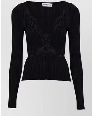 Self-Portrait Lace Long Sleeve Ribbed Knit Top - Black