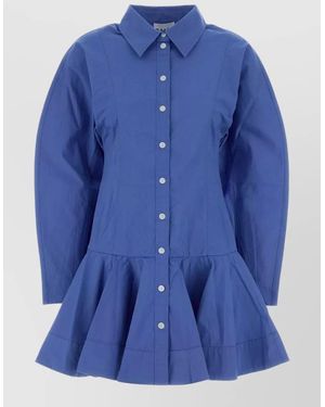 Ganni Stretch Poplin Mini Shirt Dress Flared Hem - Blue