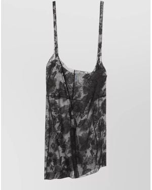 Prada Asymmetric Hem Sheer Floral Spaghetti Strap Top - Multicolor