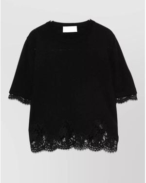 ERMANNO FIRENZE Wool Fine-Knit Lace-Trim Crew-Neck Short-Sleeve Knitted Top - Black