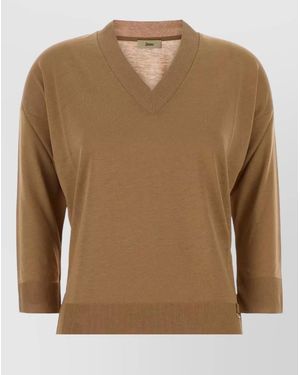 Herno Lyocell Blend V Neck Ribbed Top - Brown