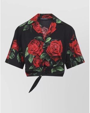Dolce & Gabbana Cropped Shirt Saint Rose Floral Tie Front - Red