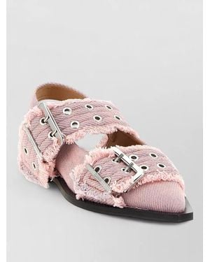 Ganni Buckle Denim Fringe Pointed Toe Slingback Sandals - Pink