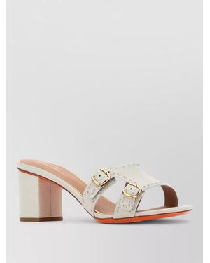 Santoni Didi Leather Mules Block Heel Buckles - Natural