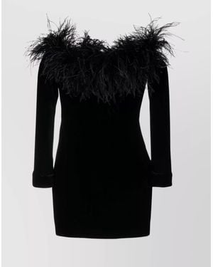 Alessandra Rich Feather Trim Velvet Strapless Long Sleeve Mini Dress - Black