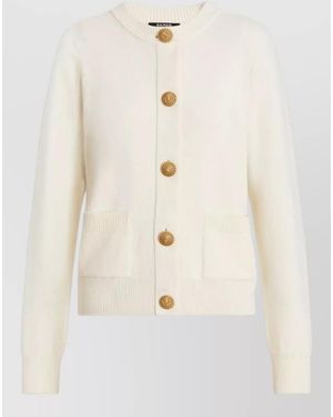 Balmain Cashmere Cardigan Round Neck Long Sleeves - Natural