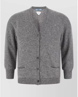 Prada Cashmere Cardigan V Neckline Ribbed Trim - Grey