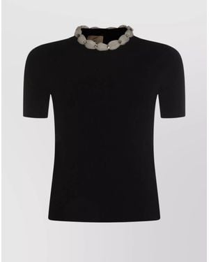 Valentino Embellished Neckline Fitted Short Sleeve Knitwear - Black