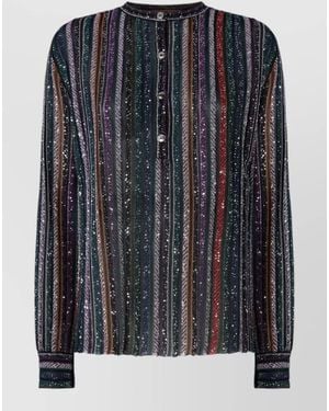 Missoni Long Sleeve Sequin Striped Round Neck Top - Black