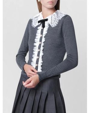 Self-Portrait Knit Top Long Sleeves Lace Collar Bow - Blue
