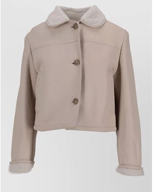 LA ROSE Cropped Shearling Collar Leather Jacket - Natural