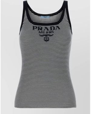 Prada Silk Tank Top Embroidered Striped Design - Black