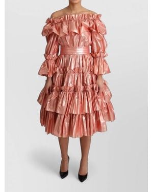 Dolce & Gabbana Metallic Off-Shoulder Ruffled Midi Dress - Red