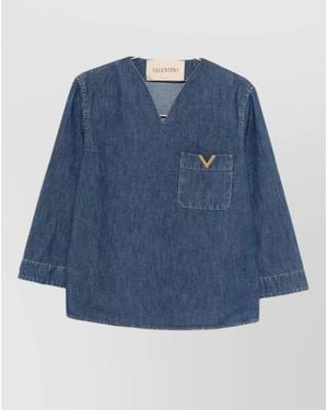 Valentino Denim V-Neck Long-Sleeve Shirt - Blue